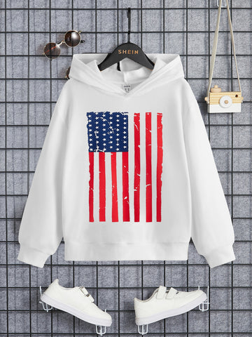 Patriotic Vibes: Tween Boy's American Flag Print Drop Shoulder Hoodie