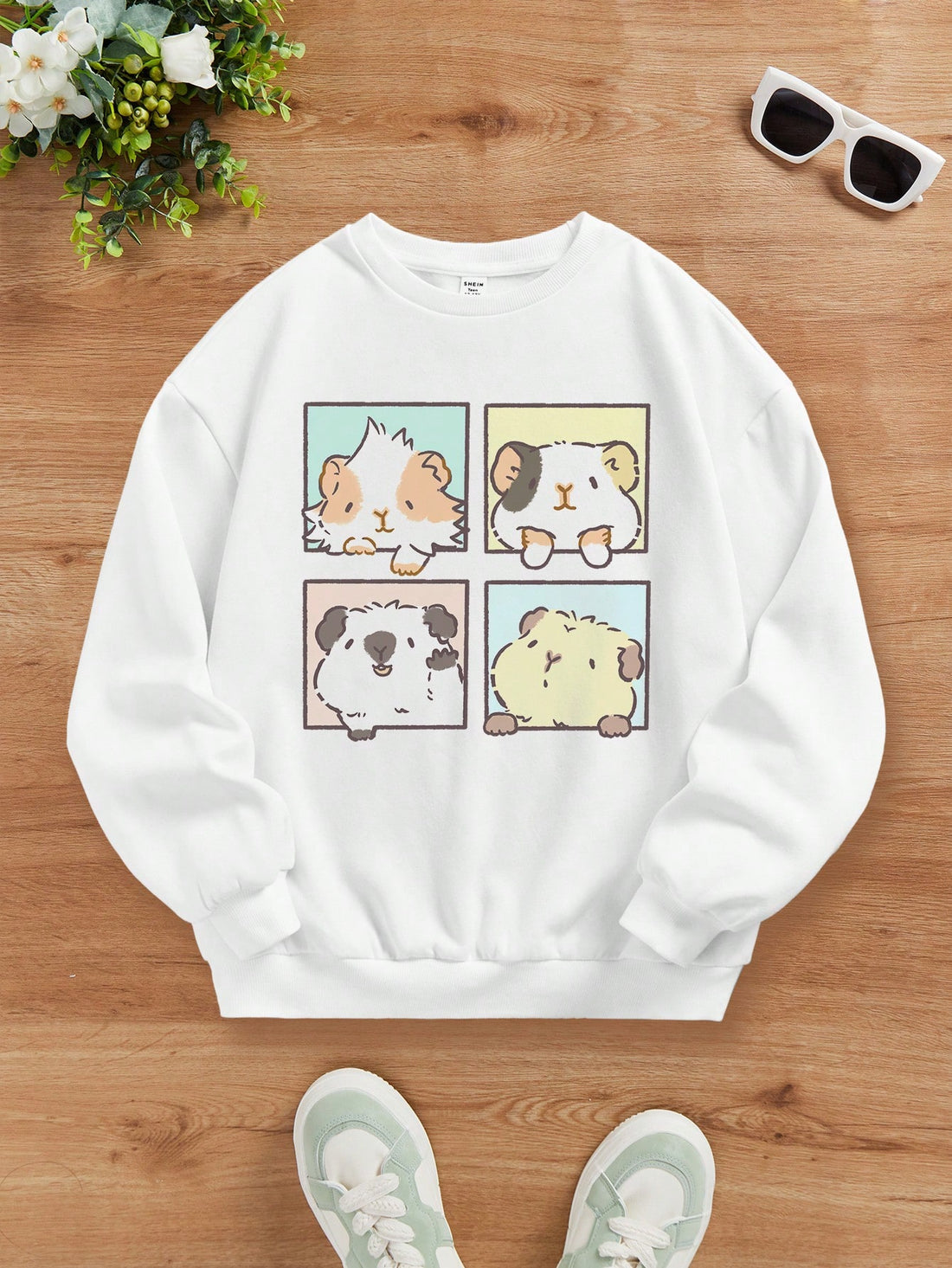 Adorable Tween Girl Cartoon Graphic Drop Shoulder Sweatshirt with Thermal Lining