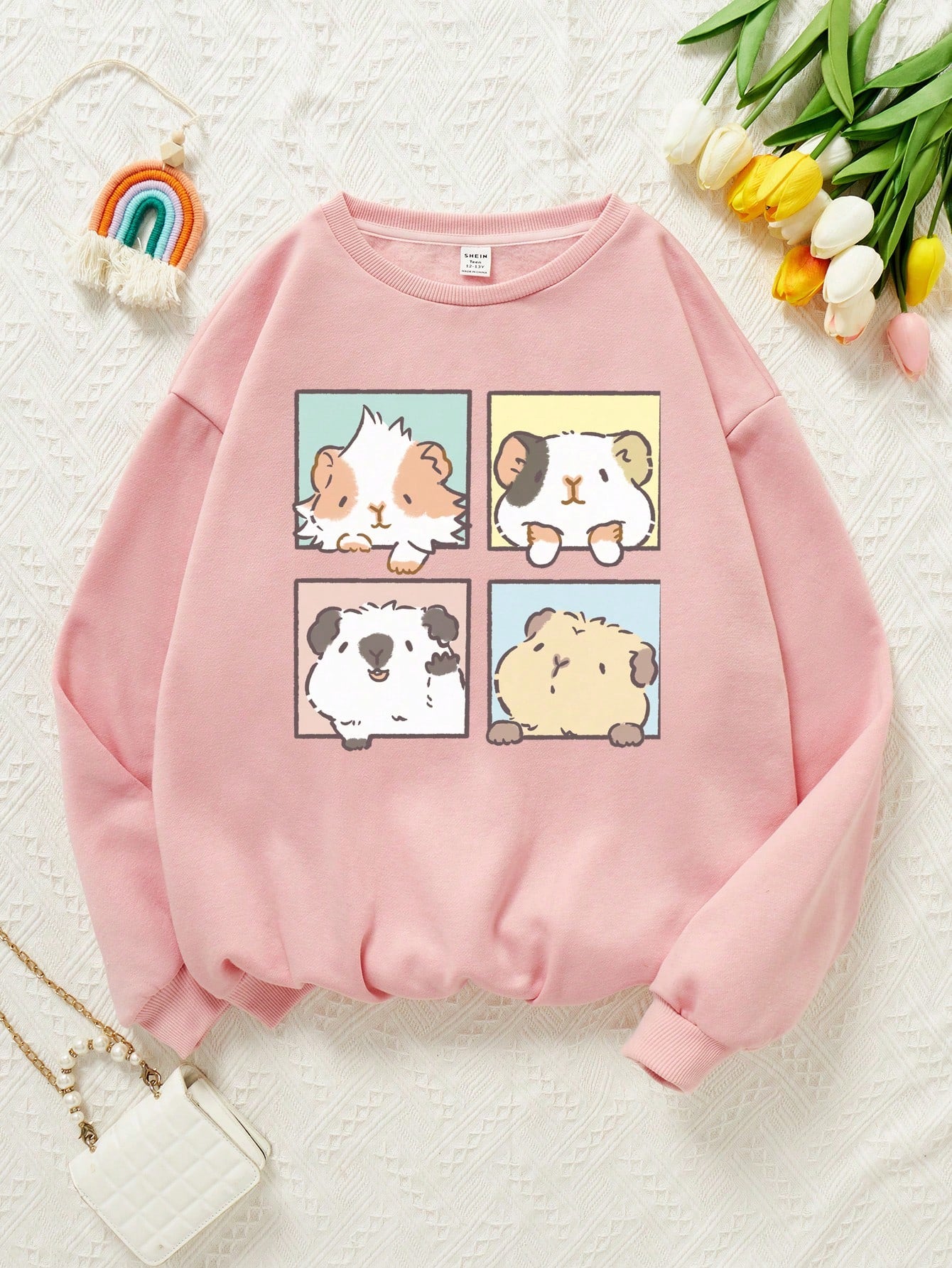 Adorable Tween Girl Cartoon Graphic Drop Shoulder Sweatshirt with Thermal Lining