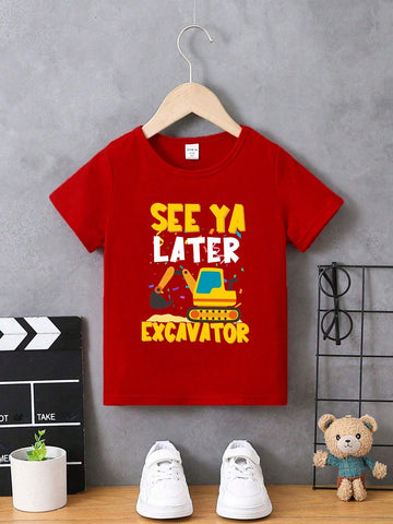 Excavate Fun with the Young Boy Casual Cartoon Excavator T-Shirt