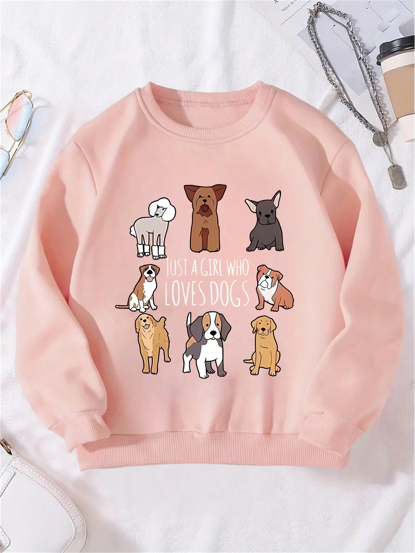 Cute Cartoon Puppy Crew Neck Sweatshirt for Young Girls