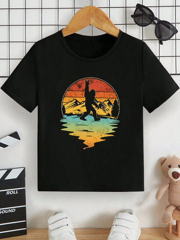 Retro Adventure: Mountain & River Print Casual T-Shirt for Young Boys