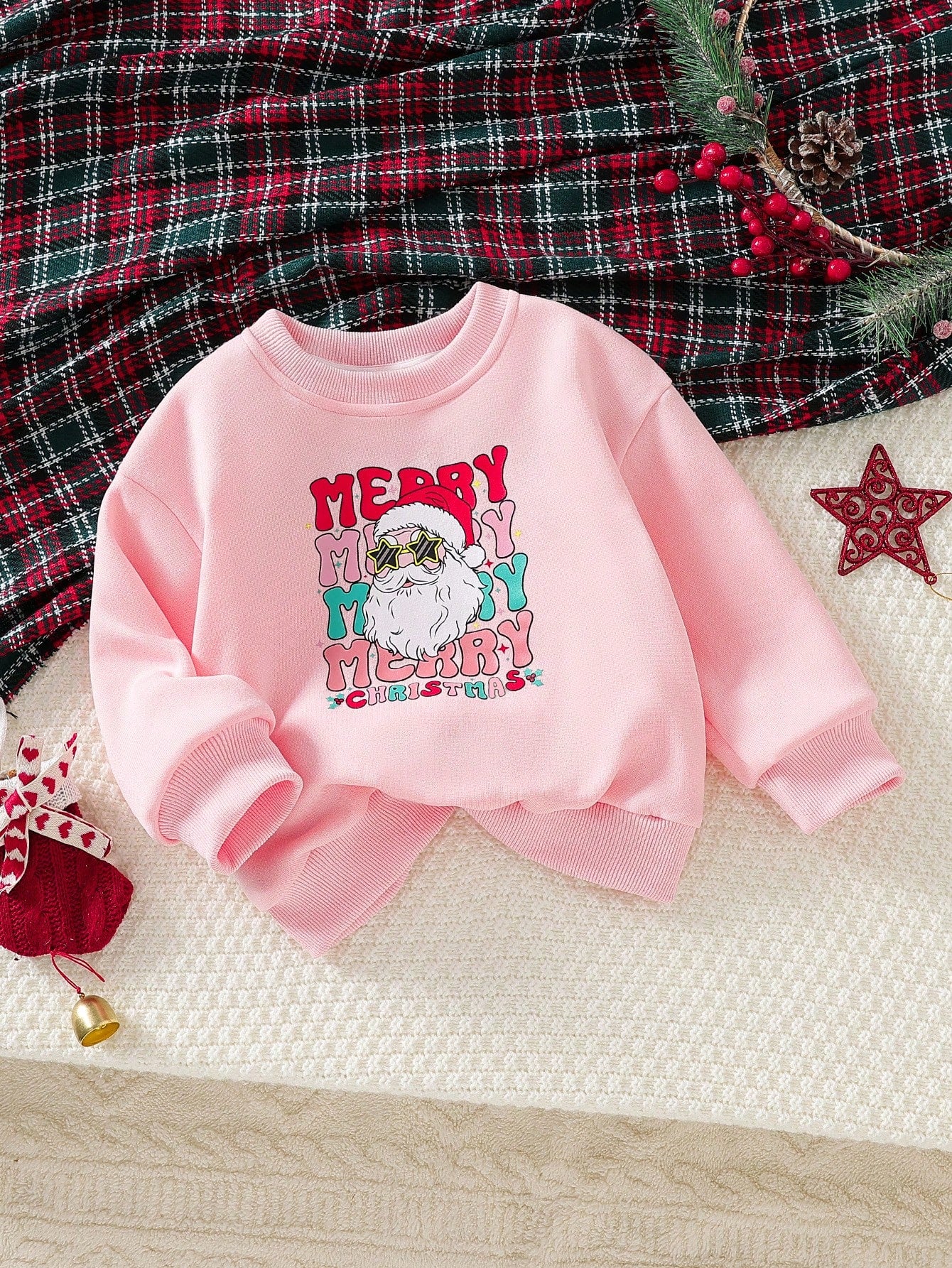 Festive Charm: Stylish Pink Santa Claus Print Sweatshirt for Young Girls