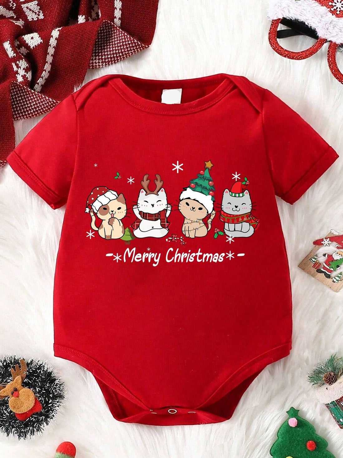 Expertly crafted for your little one's holiday wardrobe, our Adorable Christmas Cat Graphic Bodysuit for Baby Girls is the perfect mix of cuteness and festive spirit. The cute Santa hat romper features a playful cat graphic that will surely capture everyone's hearts. Made with quality materials for comfort and style.