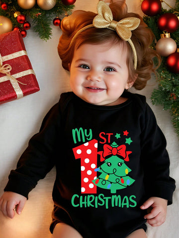 Baby Girl 'My 1st Christmas Tree' Letter Print Romper – Simple Casual Long Sleeve Bodysuit