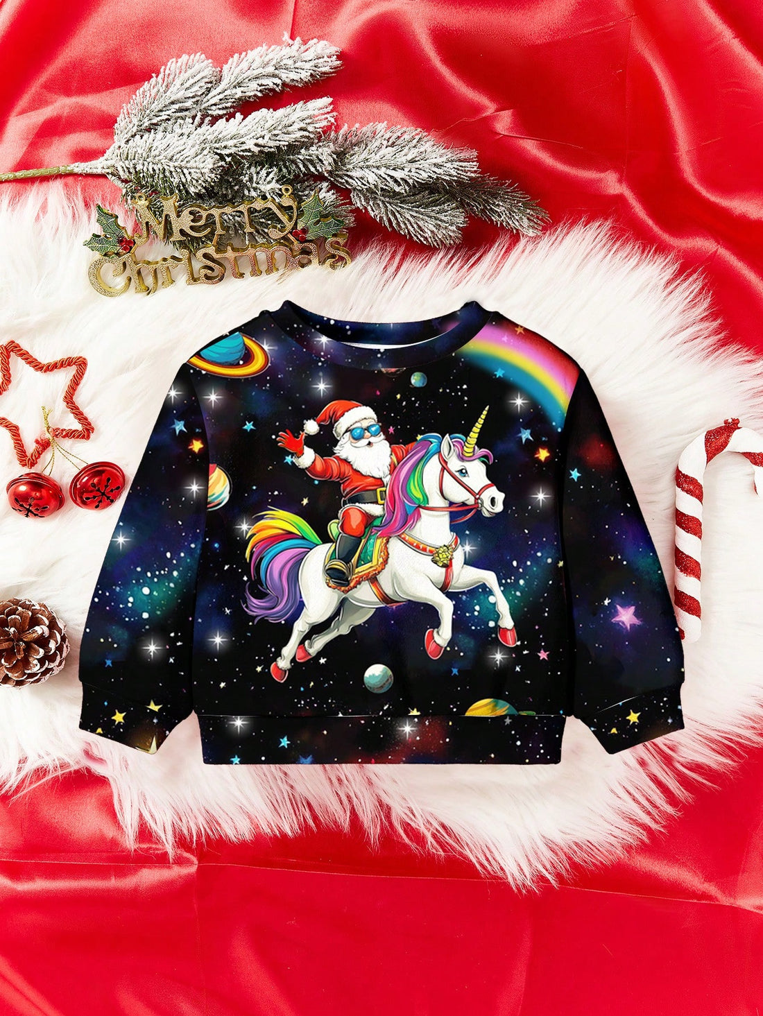 Baby Girl Christmas Santa & Unicorn 'Merry and Bright' Print Sweatshirt – Soft Knit Pullover Hoodie, Casual Loose Fit