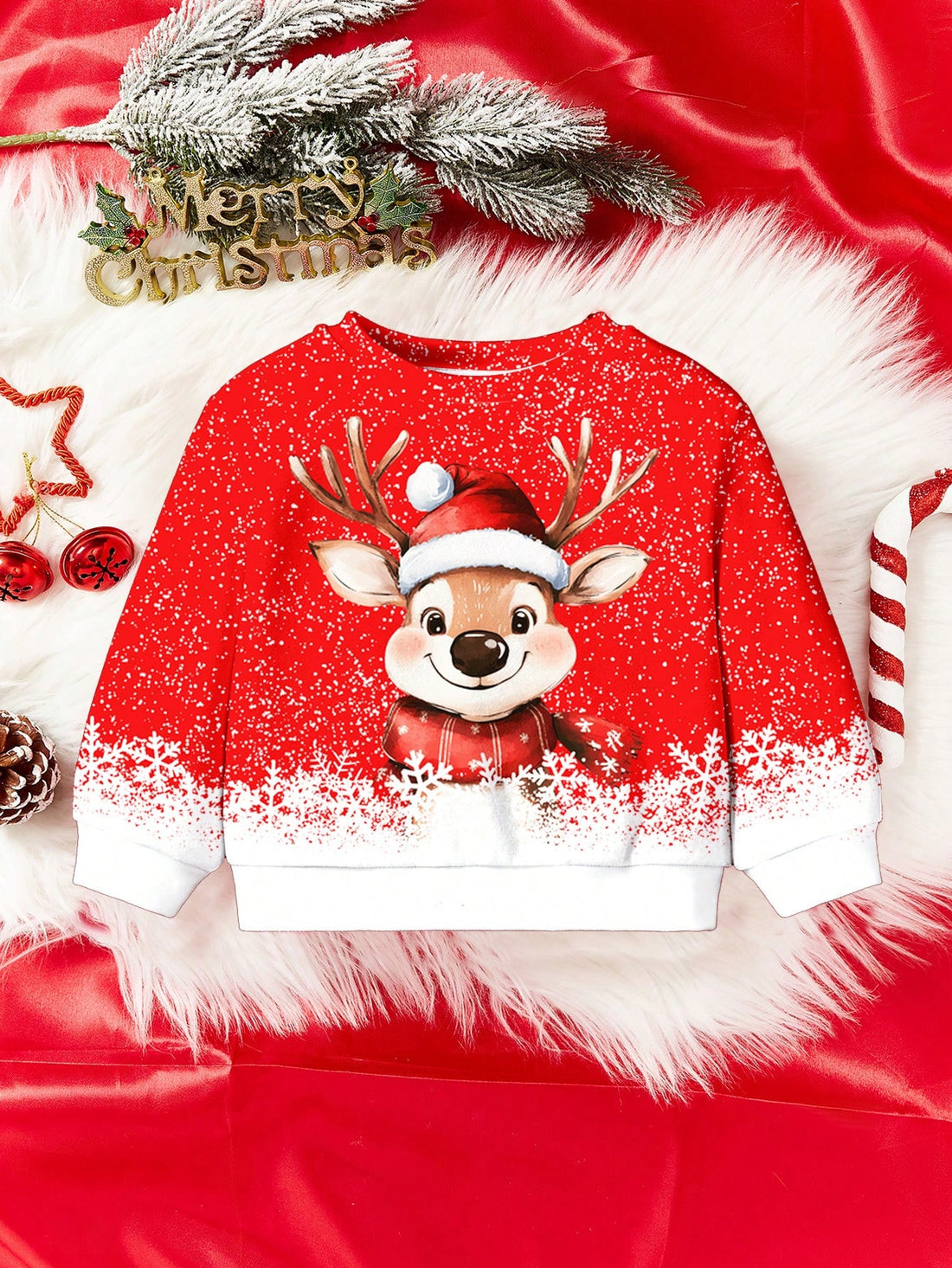 Baby Girl Cute Christmas Deer & Snowflake Print Knit Pullover Sweatshirt – Soft & Loose Fit