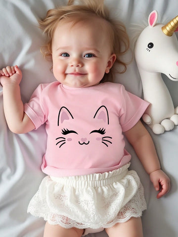 "Toddler Girls Cute Cartoon Cat Print Casual Short Sleeve T-Shirt"