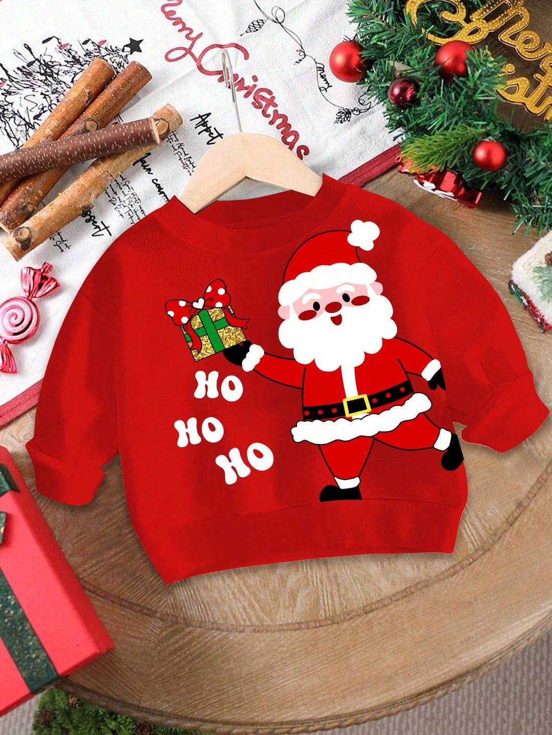 Baby Girl Merry Christmas Santa & HOHOHO Knit Sweatshirt – Soft, Casual Crew Neck Christmas Outfit