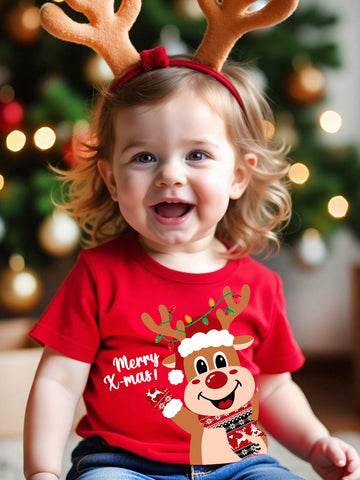 Baby Girl 'Merry Christmas' Cartoon Reindeer Print Red Top – Cute & Casual Short Sleeve Round Neck