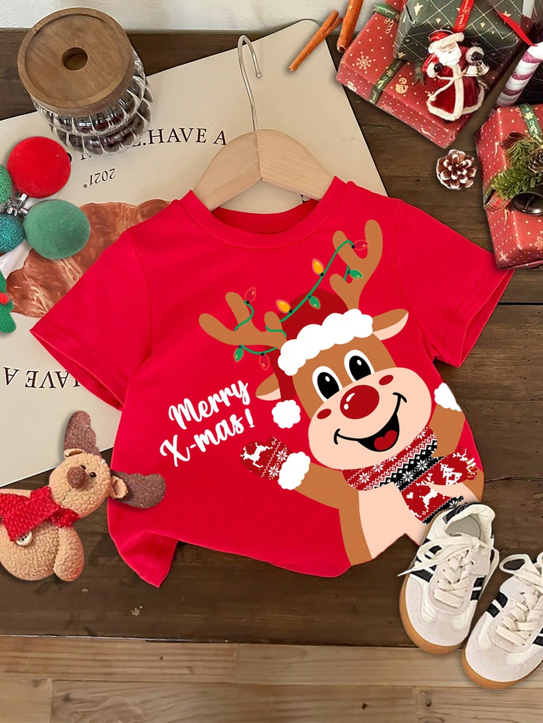 Baby Girl 'Merry Christmas' Cartoon Reindeer Print Red Top – Cute & Casual Short Sleeve Round Neck